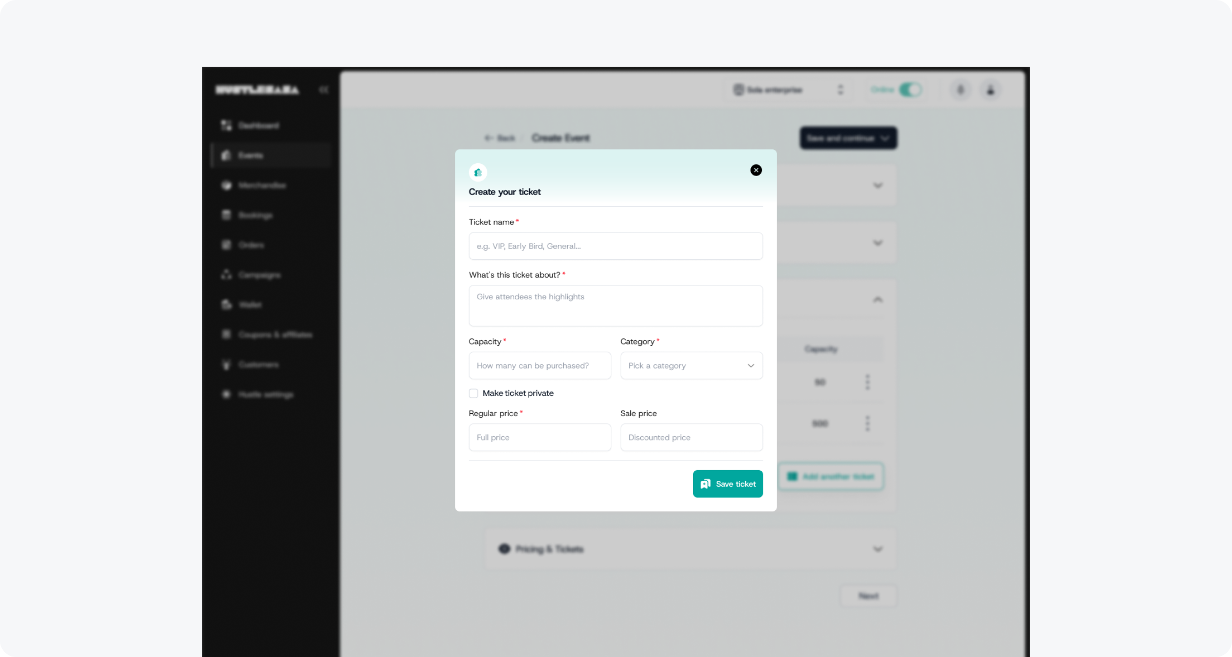 Create your ticket modal (empty) — opened during event creation
